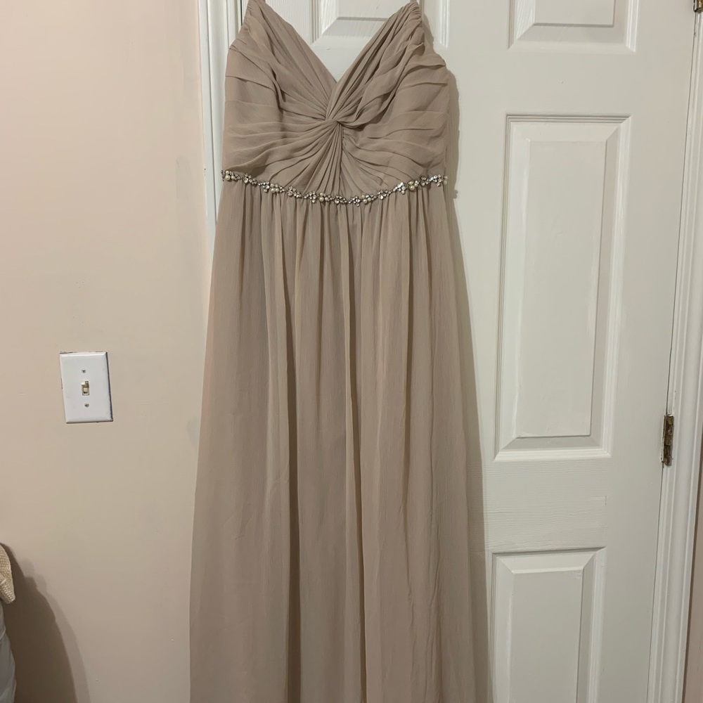 David's Bridal Taupe Chiffon Ruched V-Neck Maxi Dress with Beaded Waist